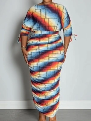 Colorblock Plaid Ruched Drawstring Skirt Sets