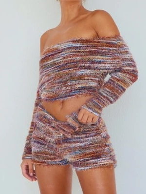 Knitted Colorblock Off Shoulder Short Sets