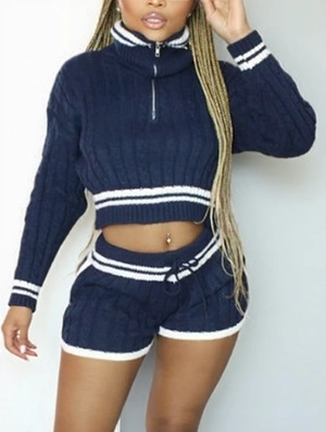 Cabe Knit Striped Lapel Sweater Short Sets