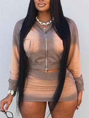 Washed Gradient Zipper Coats Skirt Sets