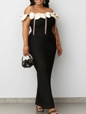 Rhinestone Chain Fringe Bow Maxi Dress
