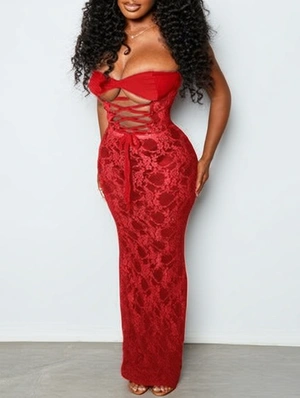 Lace Sheer Tie-wrap Strapless Maxi Dress