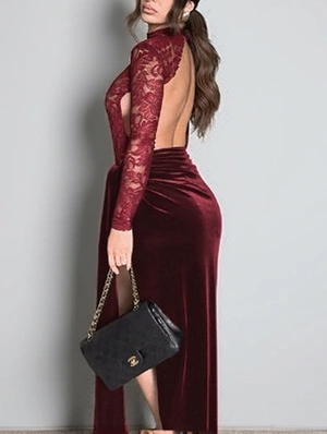 Lace Velvet Patchwork Backless Split Long Sleeve Maxi Dress
