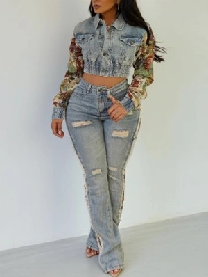 Flower Denim Jacket Ripped Jeans Sets