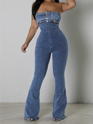 Hollow-out Buckle-loop Strapless Denim Jumpsuits