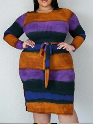 Striped Tie-wrap Crewneck Long Sleeve Midi Dress