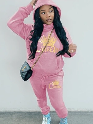 Athleisure Drawstring Print Long Sleeve Women Sweatshirt Pants Sets
