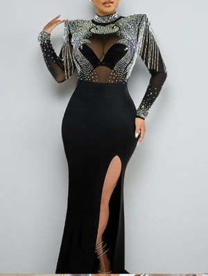 Fringe Hotfix Rhinestones Sheer Long Sleeve Maxi Dress