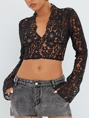 Sheer Backless Lace Up Cropped V Neck Tops