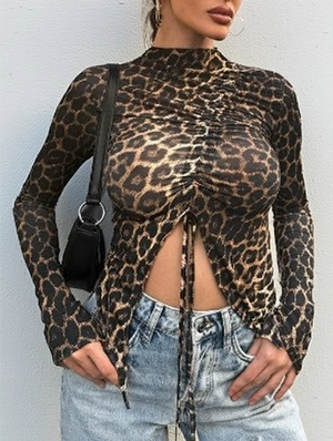 Leopard Split Drawstring Round Neck Long Sleeve T-shirts