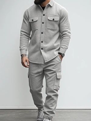 Polar Fleece Lapel Shirt Cargo Long Sets