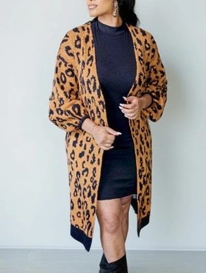 Knitting Leopard V Neck Long Cardigan