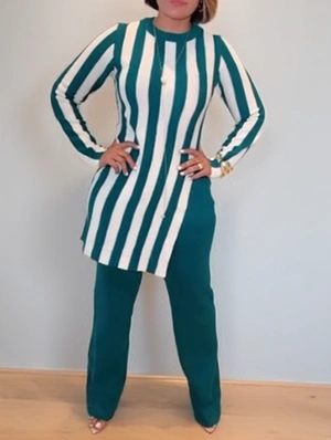 Split Hem Colorblock Striped Pant Sets