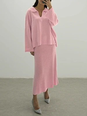 Hollow-out Baggy High Rise Sweater Knit Skirt Sets