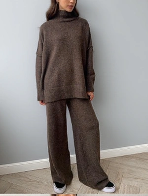 Loose Turtleneck Drop Shoulder Sleeve Sweater Pant Sets