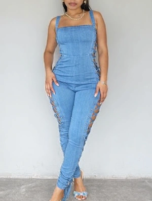 Denim Tie-wrap Sleeveless Fitted Jumpsuits