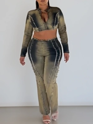 Raged Hem Denim Cropped Jacket Pant Sets