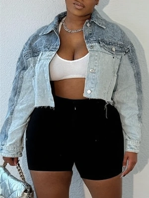 Colorblock Denim Lapel Cropped Jackets