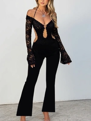 Sexy Lace Halter Off Shoulder Long Sleeve Jumpsuits