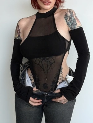 Hollow-out Sheer Cold Shoulder Bodysuits