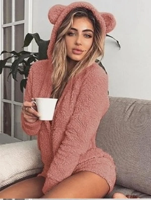 Fluff Hooded Zipper Patchwork Casual Rompers