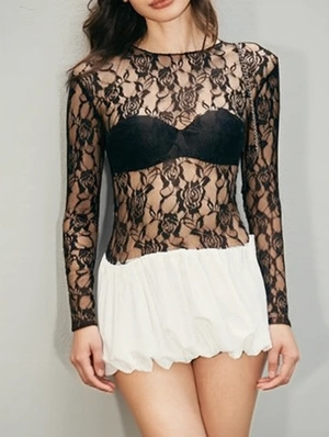 Lace Patchwork See Through Trumpet Sleeve Mini Dress