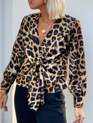 Leopard Print V Neck Lace Up Shirt