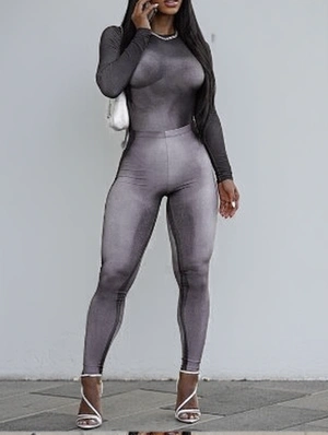 Abstract Printing Bodycon Long Sleeve Bodysuits Pant Sets
