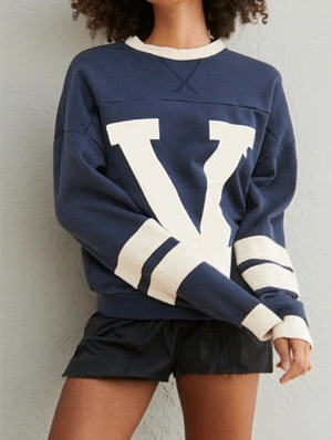 Colorblock Striped Trim Print Loose Sweater