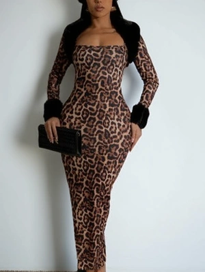 Leopard Fur Hem Split Long Sleeve 2pcs Dress Sets