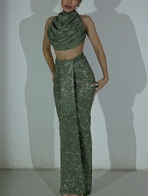 Shiny Ribbons Ruched Backless Tie-wrap 2pcs Skirt Sets
