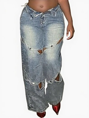 Distressed Denim Hollow-out Straight Jeans