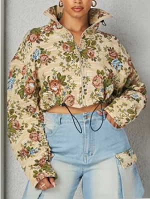 Colorblock Floral Stand Collar Zipper Jackets