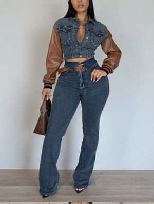 PU Denim Colorblock Jackets Lapel Jean Sets