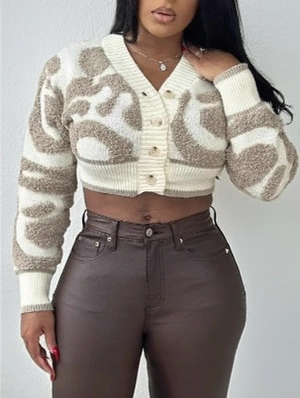 Colorblock V Neck Cropped Knit Cardigan
