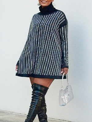 Rhinestones Polo Neck Loose Sweater Dress