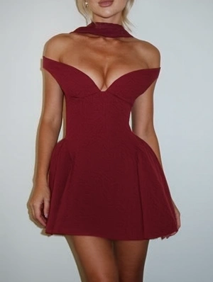 Solid Color V Neck Sleeveless Bubble Cocktail Dress