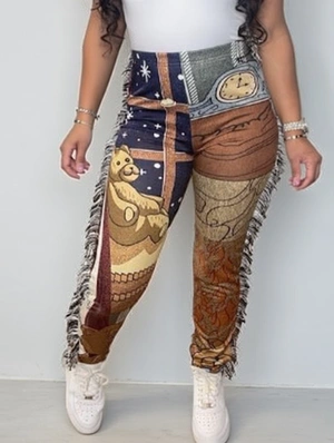 Colorblock Printed Tassel Straight Pants