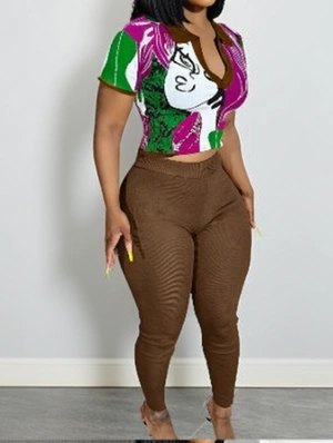 Colorblock Lapel Cropped Bodycon Pant Sets