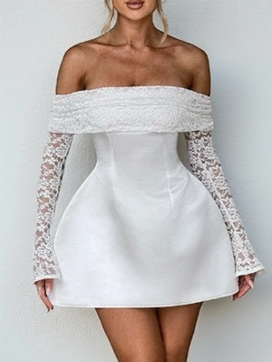 Elegant Lace Patchwork Off Shoulder A Line Long Sleeve Mini Dress
