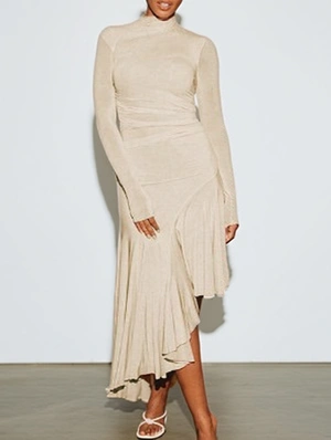 Ruffle Edge Irregular Ruched Maxi Dress