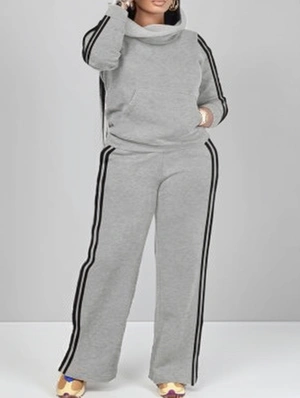 Striped Trim Highneck Sweatshirt Pant Sets