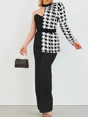 Houndstooth One Shoulder Jumpsuit Sets
