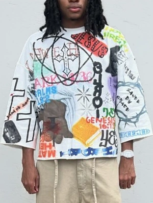 Colorblock Letter Graffiti Printed Loose Tee
