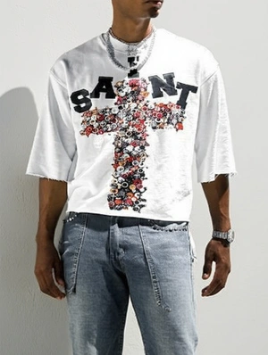Colorblock Letter Cross Print Loose Tee