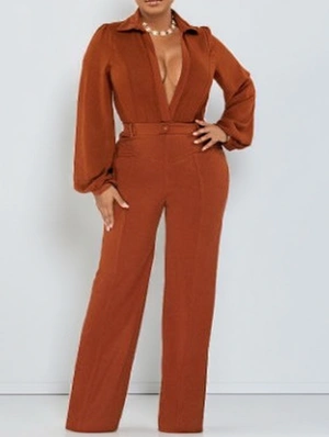 Solid V Neck Lapel Long Sleeve Jumpsuits