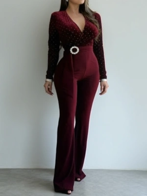 Shiny Hotfix Rhinestones V Neck Waist Slimming Long Sleeve Jumpsuits