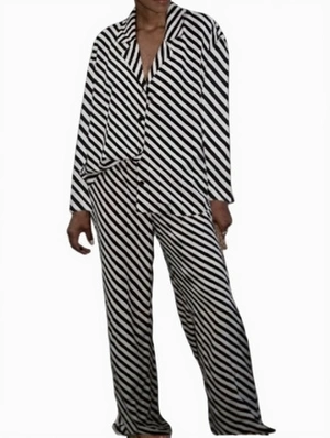 Colorblock Striped Lapel Shirt Pant Sets