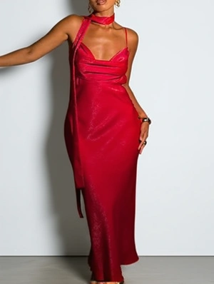 Elegant Satin Ribbons Spaghetti Straps Sleeveless Long Dress