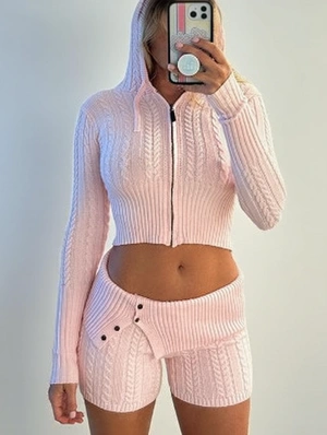 Knitted Bare Waist Zipper Hooded Short Sets
